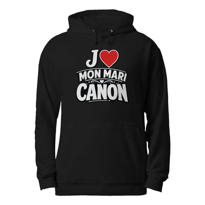 Sweat à capuche noir « J’aime mon mari canon »Homme & Femme - Femorian